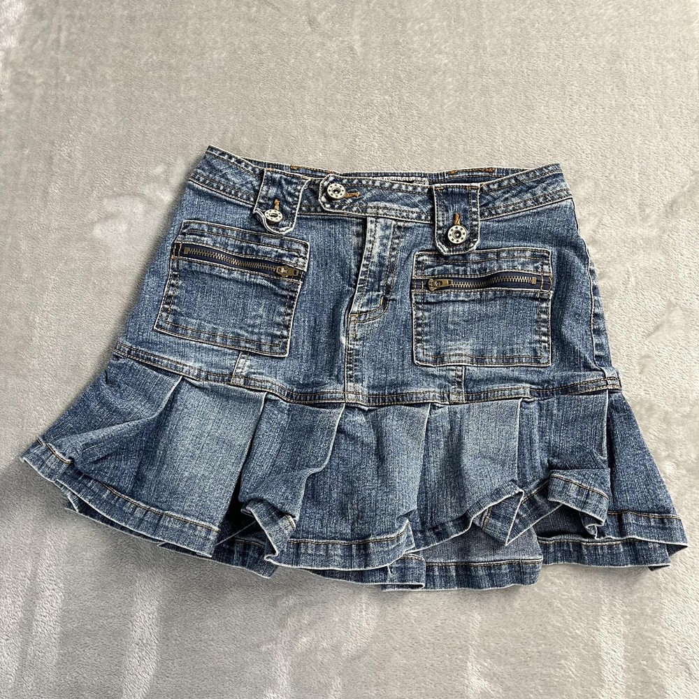 Rave Skirt Juniors 1 Blue Denim Low Rise Ruffle Micro Mini Zip Cargo Pockets Y2K